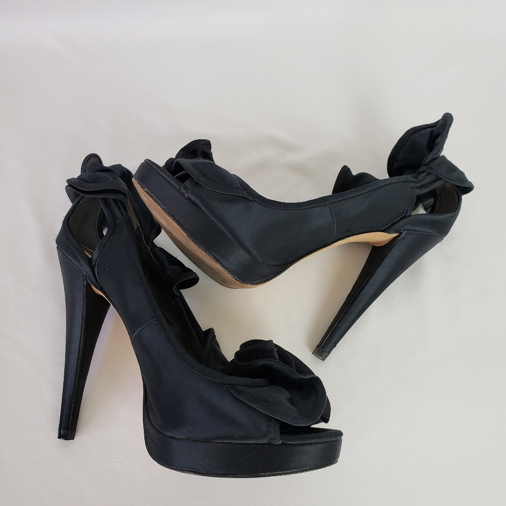 bebe Satin Ruffle Open Toe Platform Heels - Picture 4 of 8